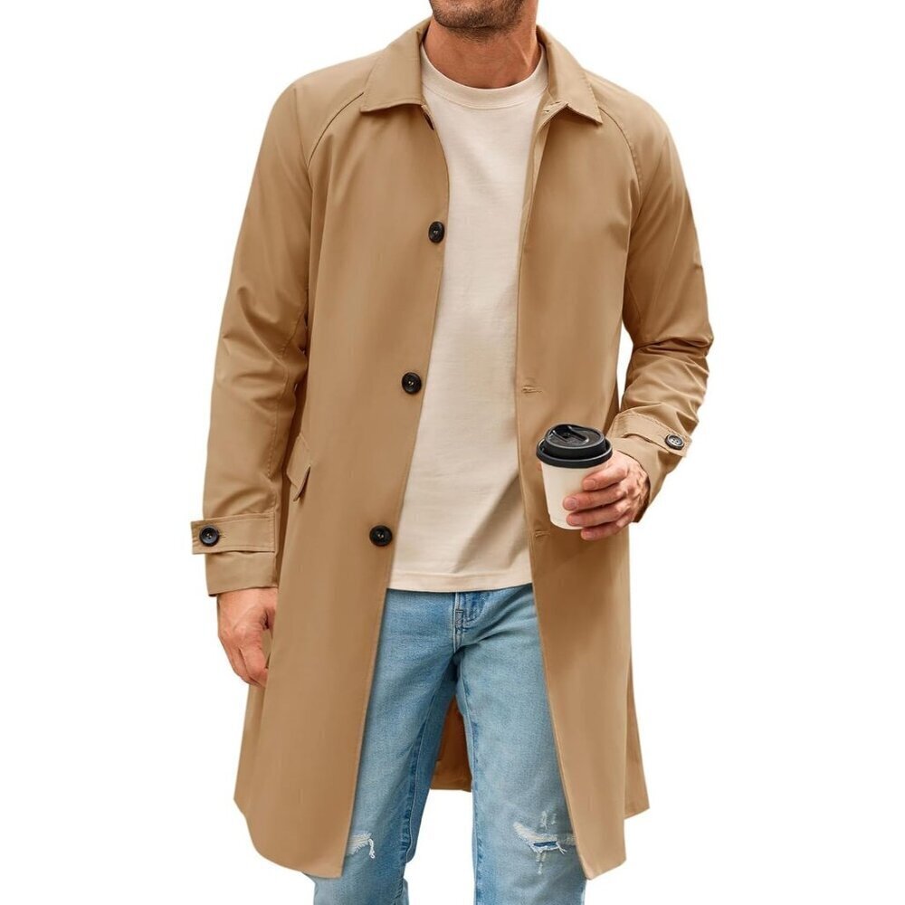 🆕Mens Brown Grey Slim-Fit Single-Breasted Trench Coat Long Windbreaker Overcoat